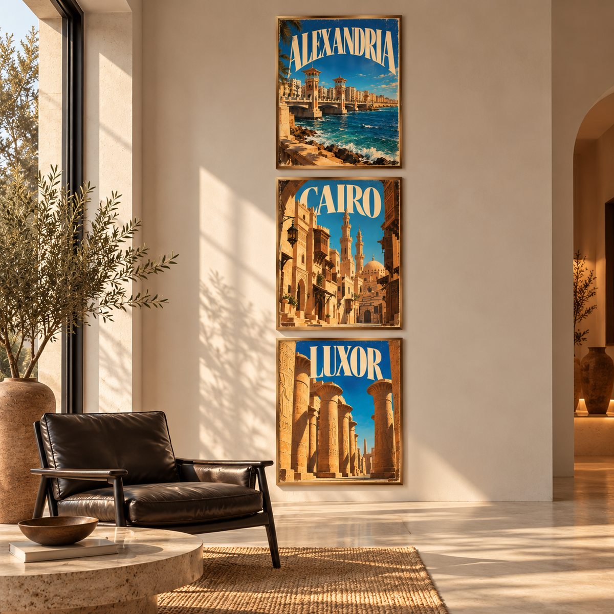 Egyptian Cities — Set of 3 canvas wall art in a furnished room — BornArab