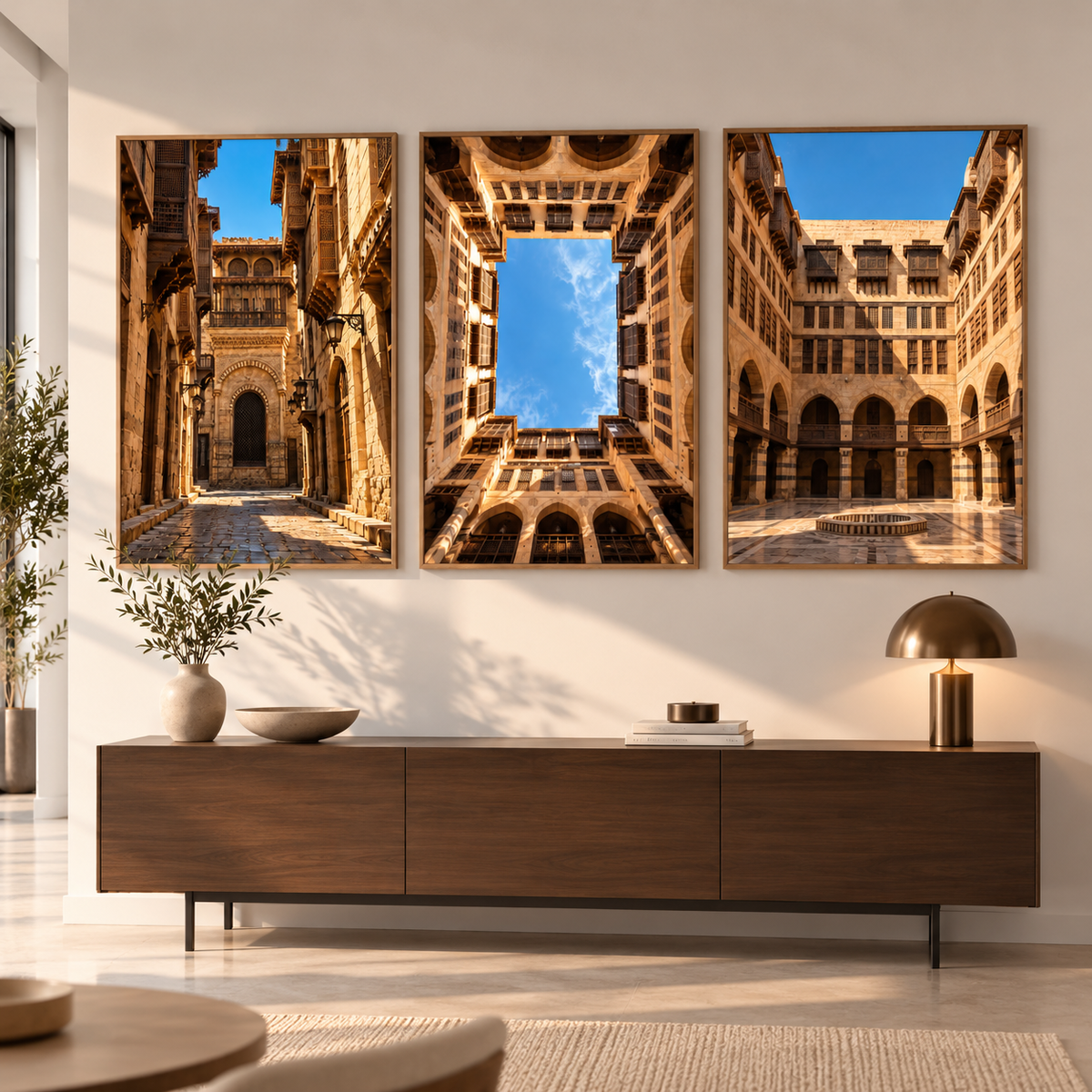 Courtyards of Cairo — Set of 3 canvas wall art in a furnished room — BornArab