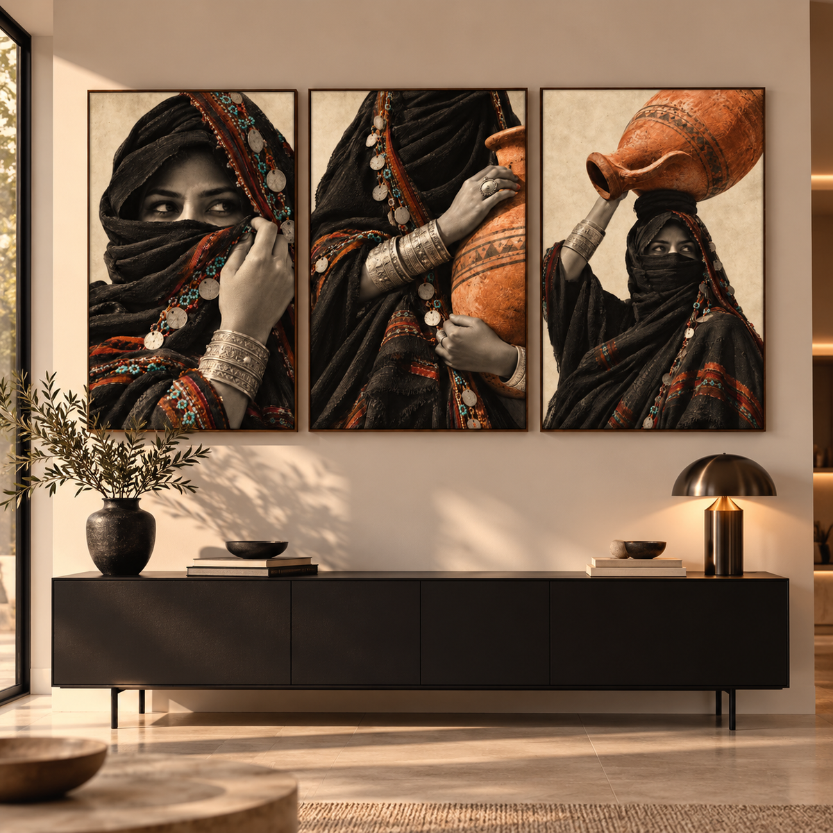 Faces of Nubia — Set of 3 canvas wall art in a furnished room — BornArab