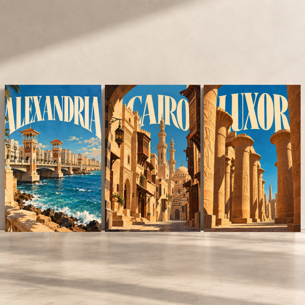 Egyptian Cities — Set of 3 Egypt canvas art by BornArab Studio