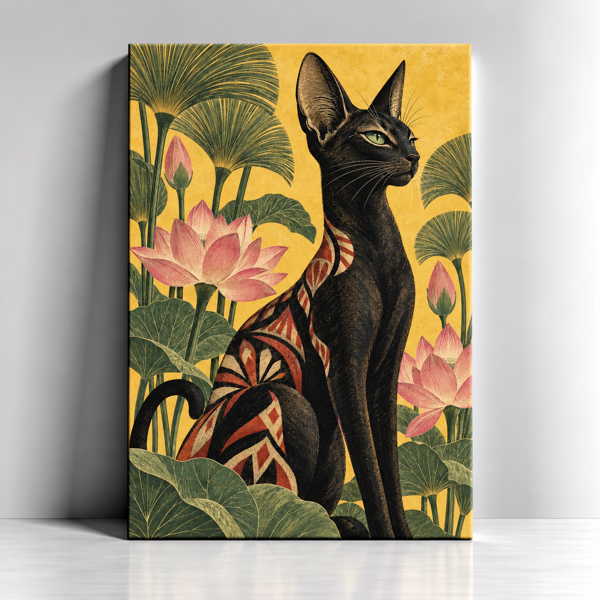 Bastet black cat and lotus Egyptian canvas art by BornArab Studio