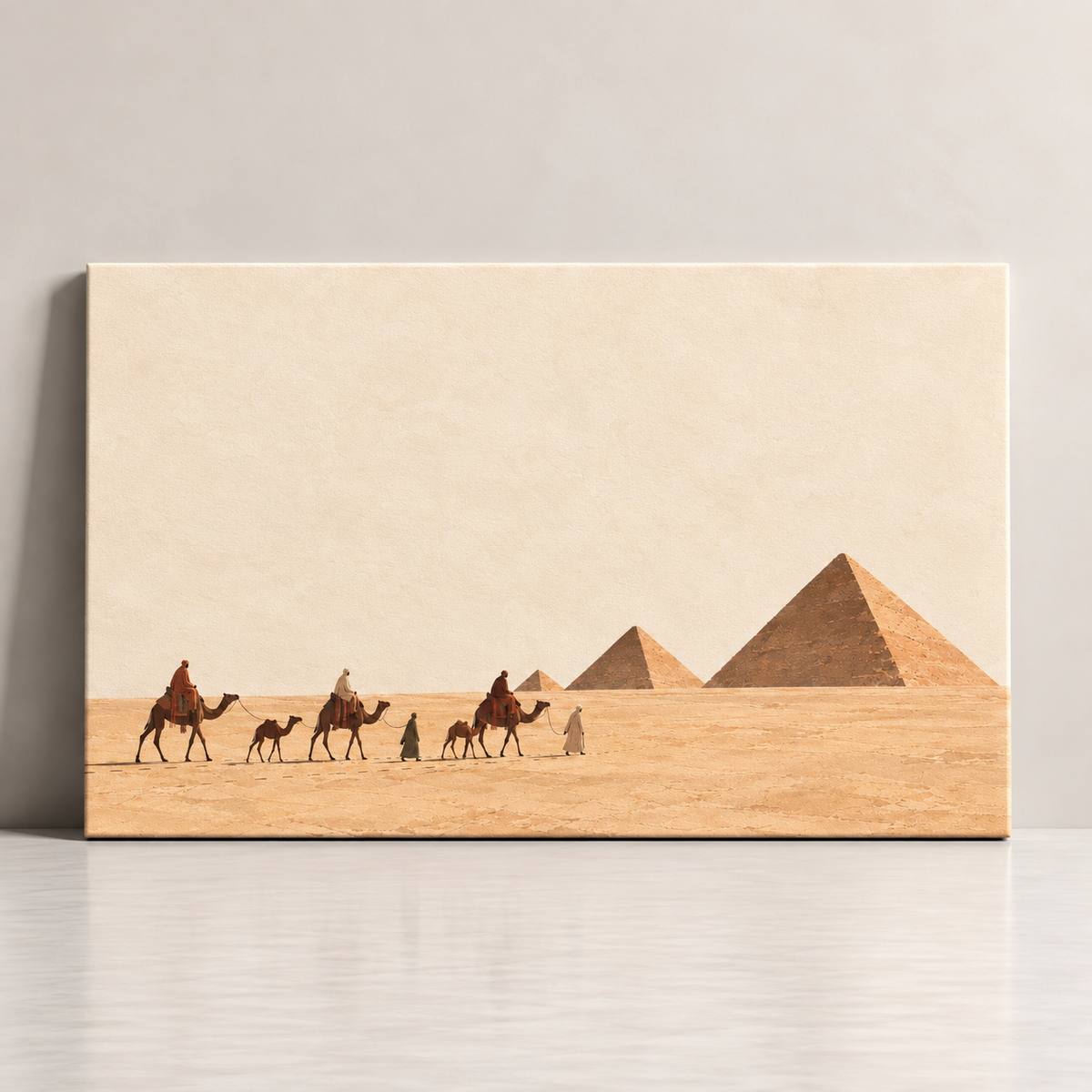 Pyramids Journey Egyptian canvas art with camels and the pyramids of Giza by BornArab Studio