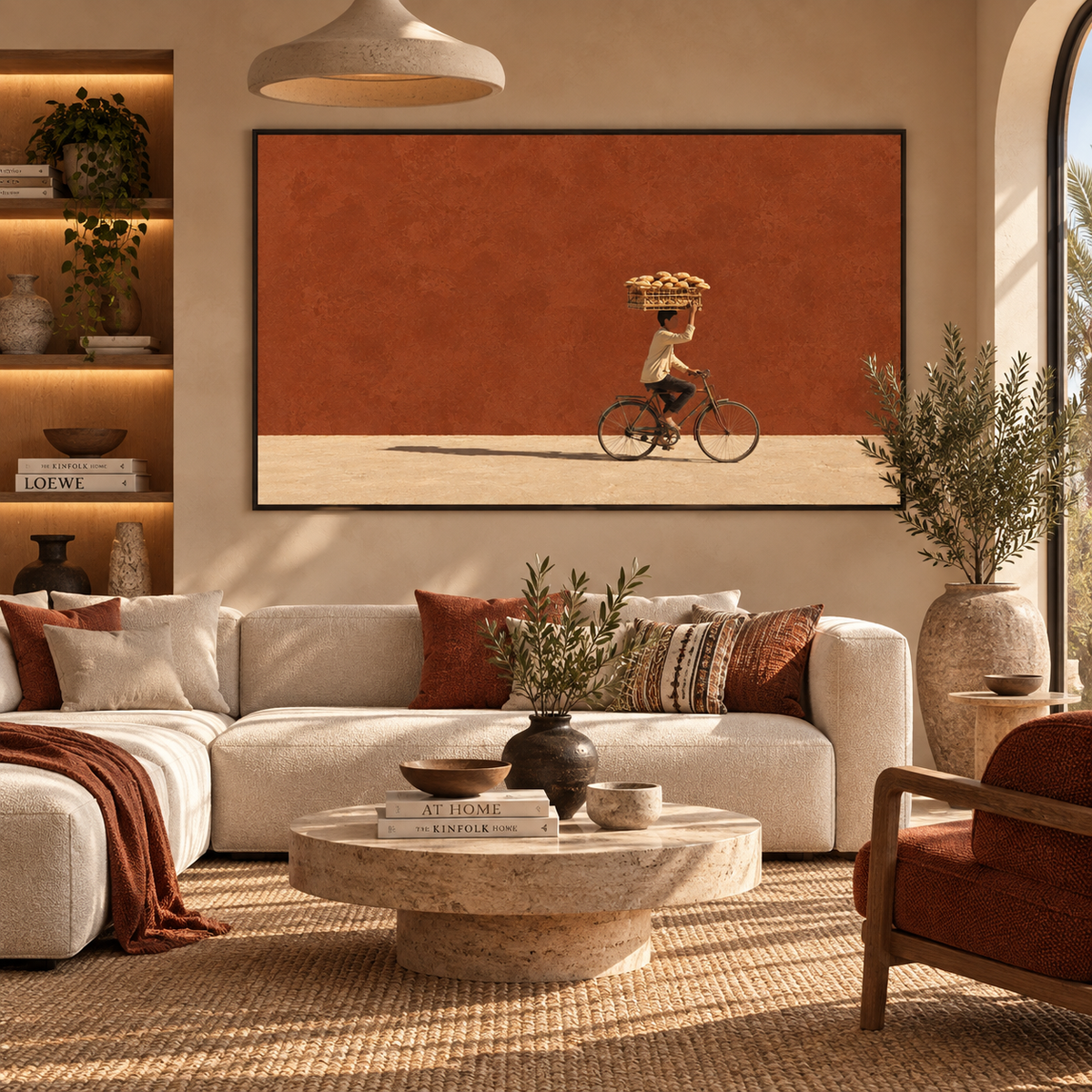 The Bread Seller Egyptian wall art displayed in a modern interior