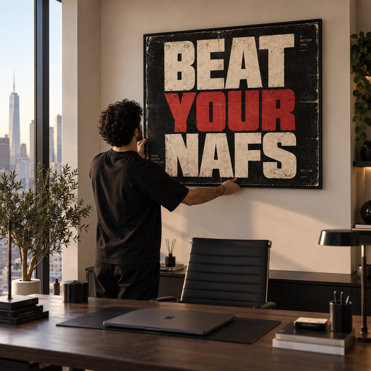 Beat Your Nafs Islamic wall art displayed in a modern interior