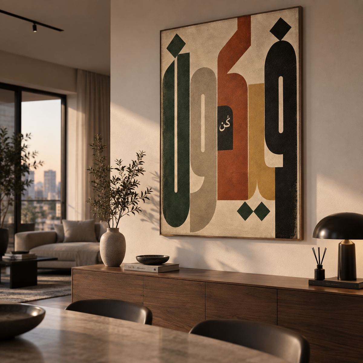 Kun Fayakun Islamic Arabic wall art displayed in a modern interior