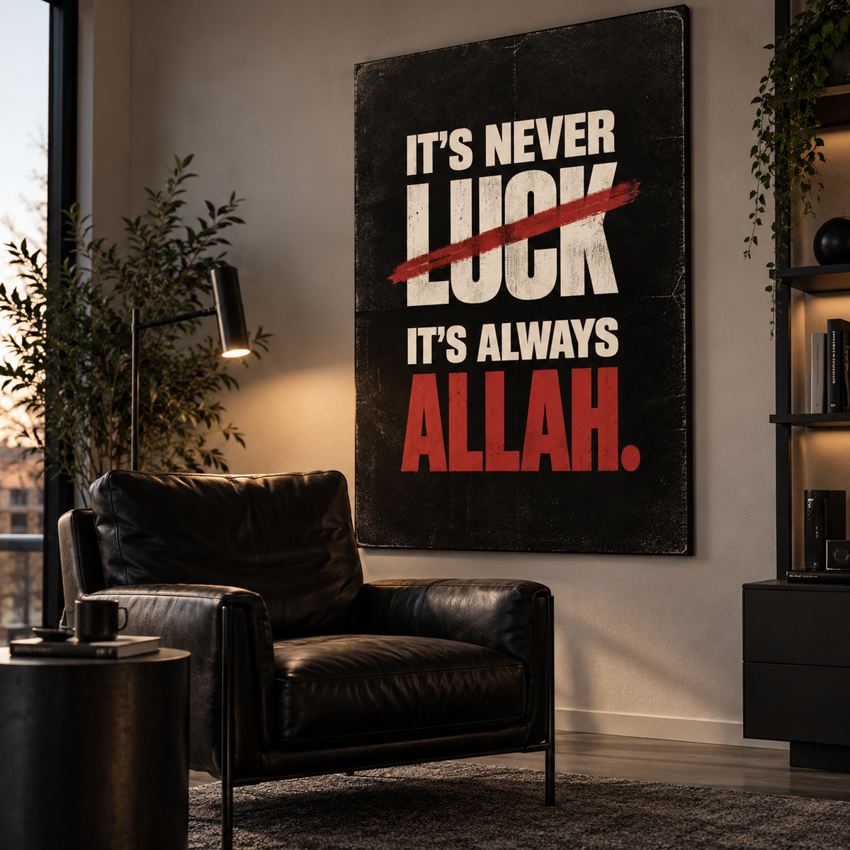 Never Luck Islamic wall art displayed in a modern interior