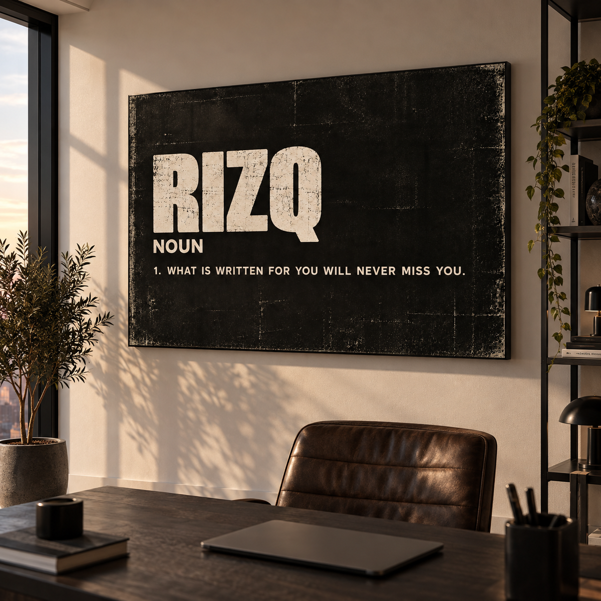 Rizq Islamic wall art displayed in a modern interior