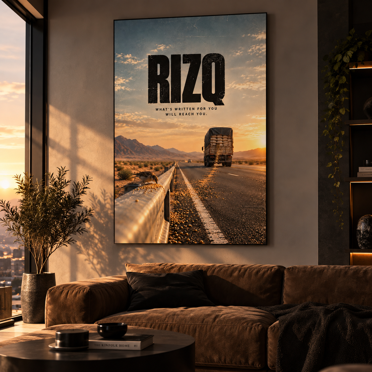 Rizq Islamic wall art displayed in a modern interior