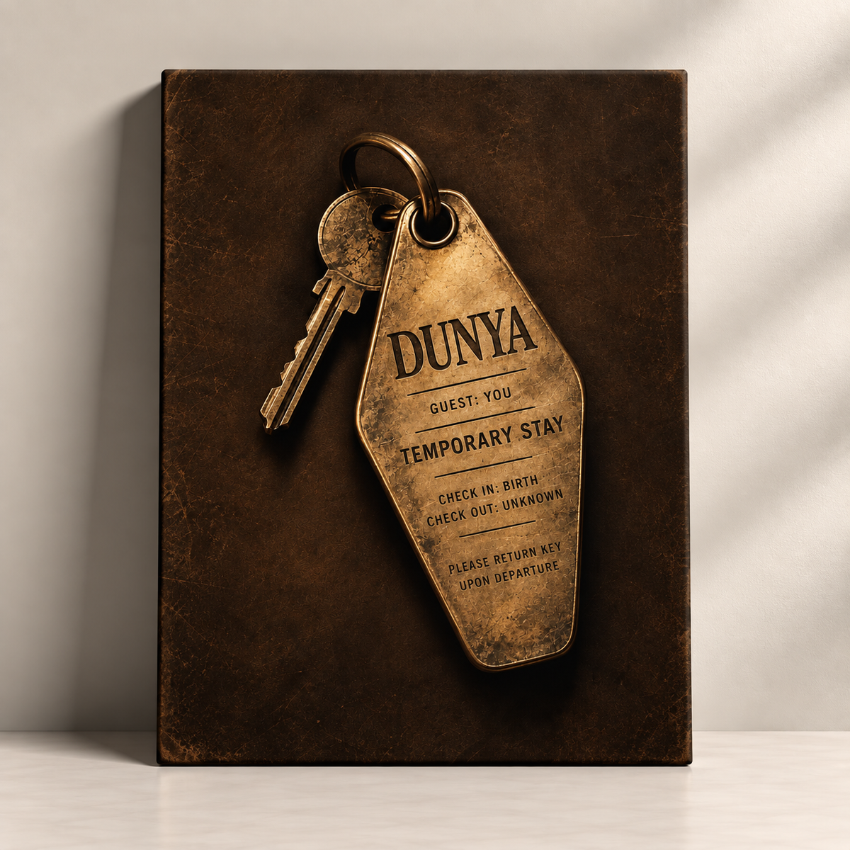 Temporary Stay dunya hotel key Islamic canvas art by BornArab Studio