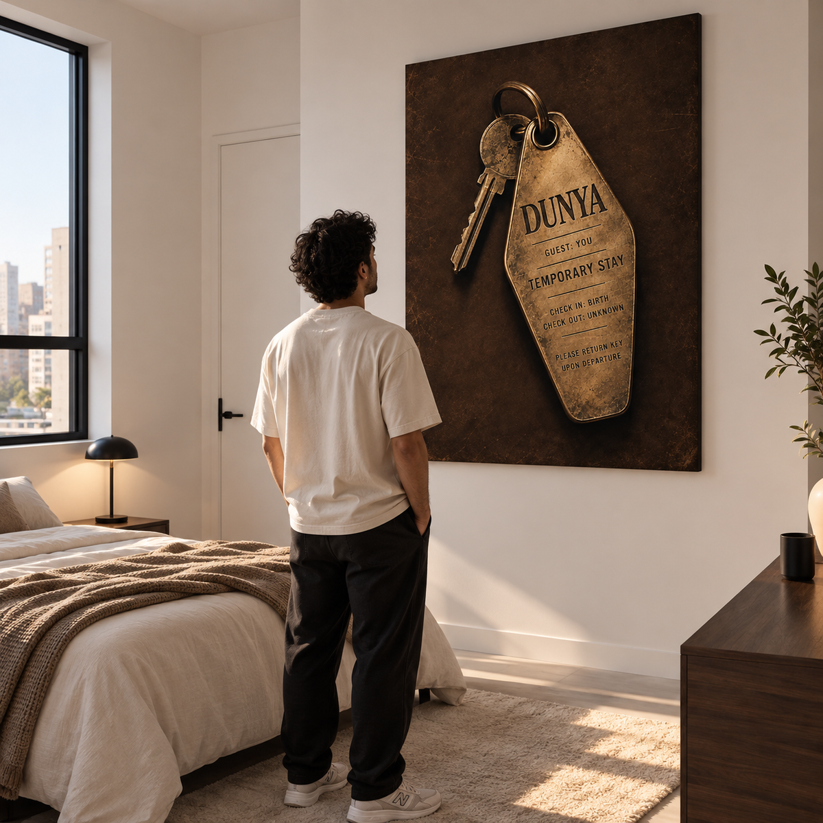 Temporary Stay Islamic wall art displayed in a modern interior