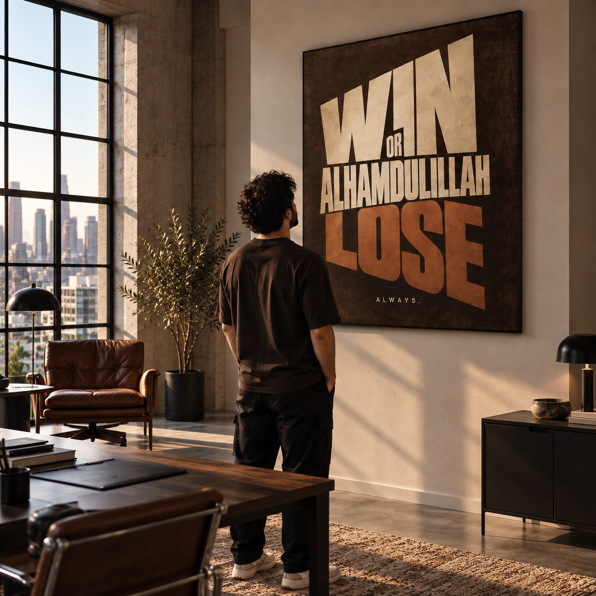 Win or Lose Islamic wall art displayed in a modern interior