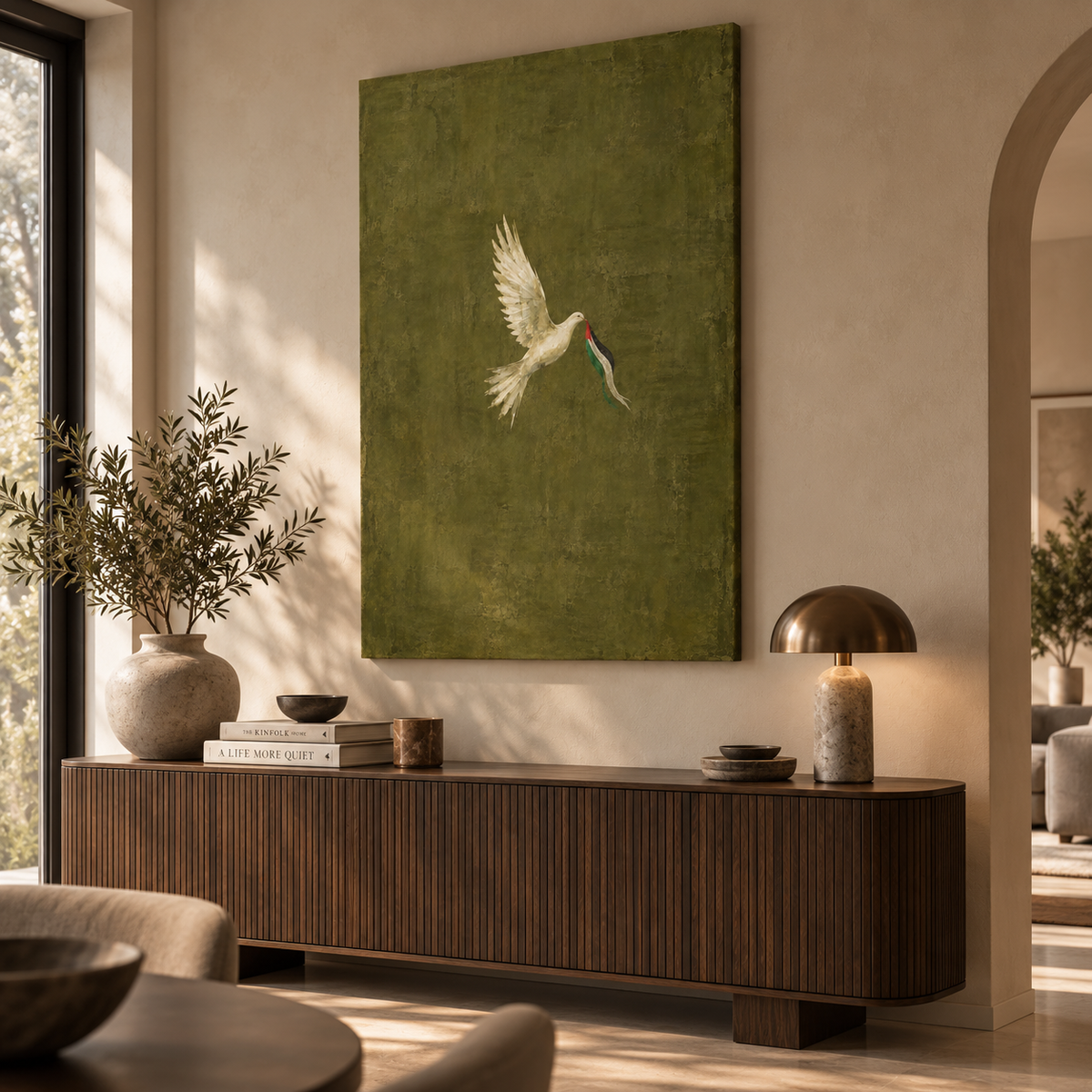 A large vertical canvas art print featuring a white flying bird with a colorful beak, displayed in a warm, modern living room setting above a dark wood console table.