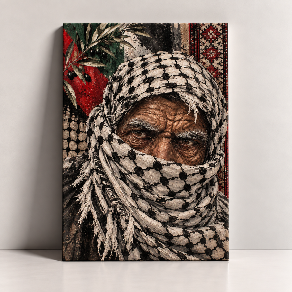 Deep Look Palestinian woman keffiyeh portrait canvas art by BornArab Studio