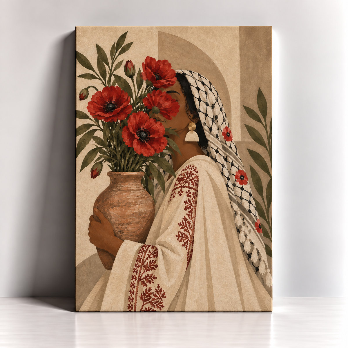 Poppies of Palestine contemporary Palestinian woman canvas art by BornArab Studio