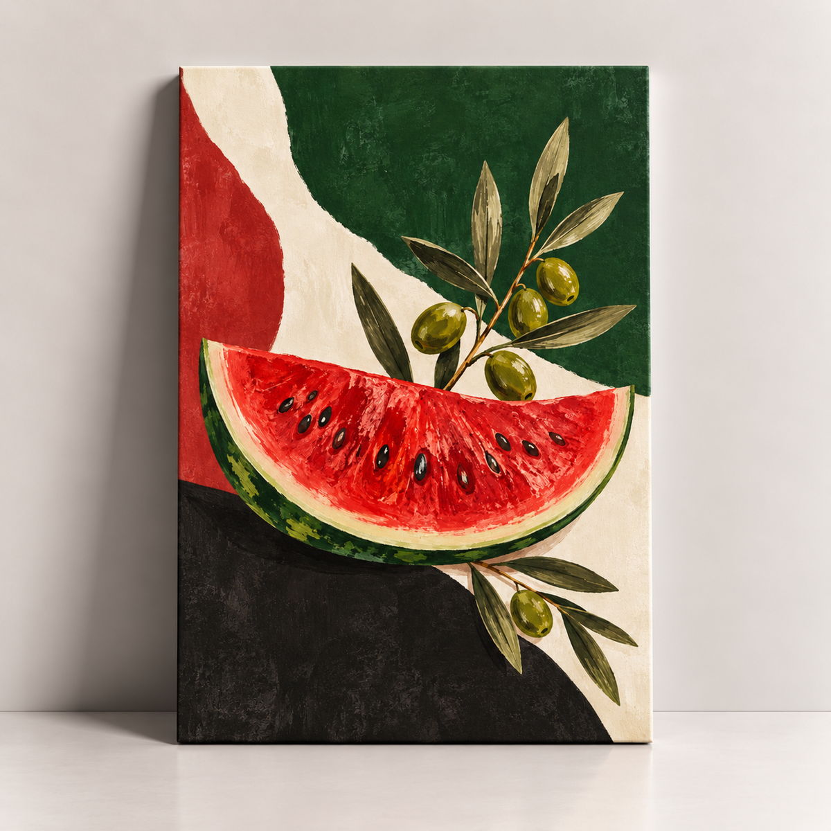 Roots of Palestine canvas art with watermelon and olive branches by BornArab Studio
