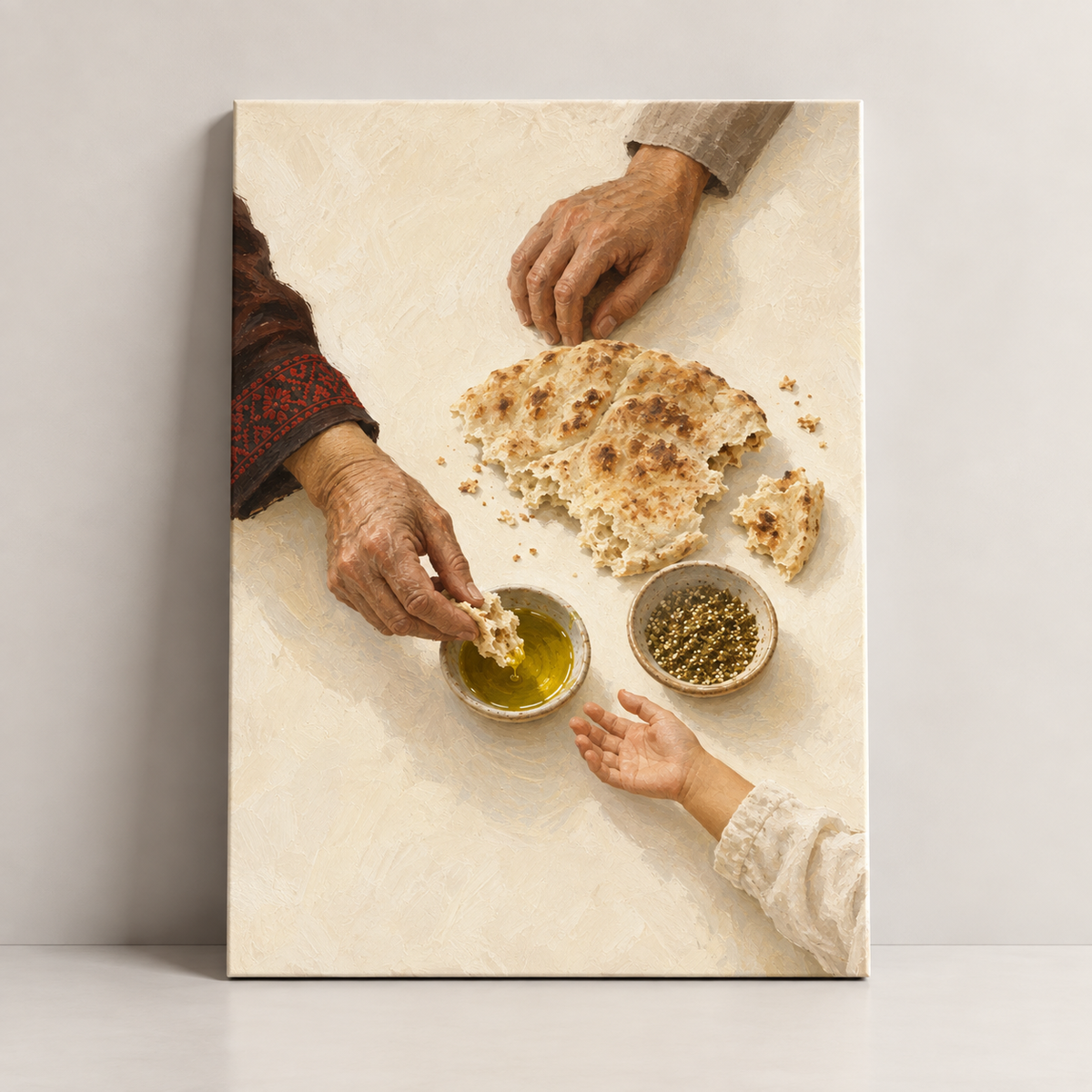 Shared Bread Palestinian canvas art with bread olive oil and zaatar by BornArab Studio