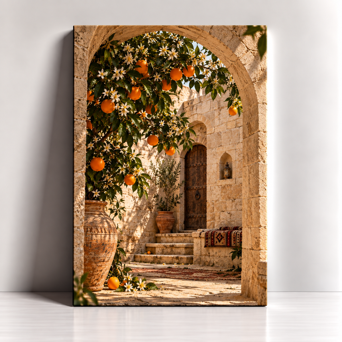 The Orange Courtyard Palestinian stone courtyard and orange tree canvas art by BornArab Studio