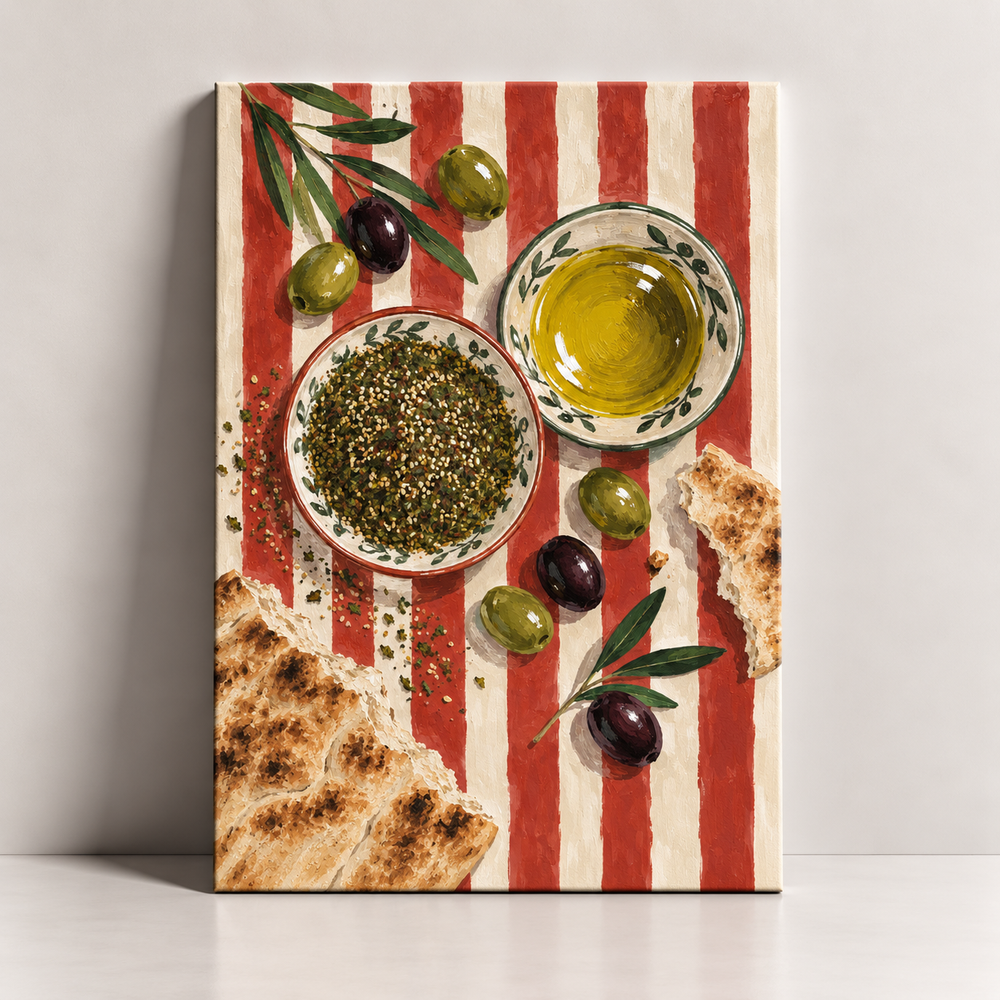 Zaatar and Zeit Palestinian food canvas art by BornArab Studio